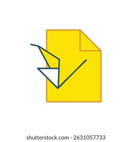 Minimalist flat illustration showing a yellow document icon with a blue and white origami bird graphic layered on top. The style is clean and modern.