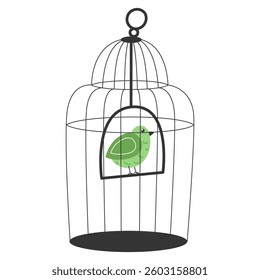Minimalist Flat Illustration of a Small Green Singing Bird on a Swing Inside a Modern Wire Cage on a White Background