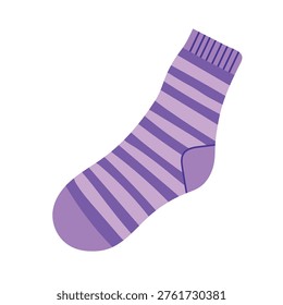 Minimalist flat illustration of a striped sock in purple and lavender tones, isolated on a white background. Hand-drawn doodle style vector graphic featuring horizontal stripes, a ribbed cuff, and a reinforced heel. Ideal for apparel branding, cozy lifestyle blogs, clothing shop icons, and fashion design.