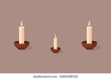 Minimalist Flat Illustration of Three Lit Candles in Simple Brown Holders on a Solid Brown Background