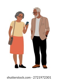 Ilustração plana minimalista de duas pessoas idosas conversando, com roupas casuais, uso de smartphone e um fundo branco limpo.