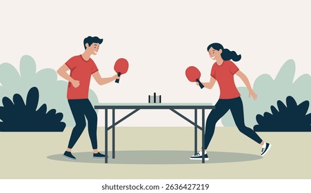 A minimalist flat illustration of two people playing table tennis outdoors. The scene feels fun and active.