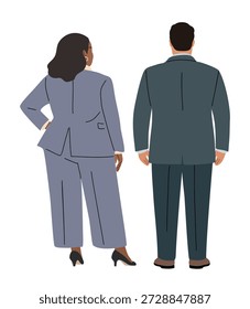 Ilustración plana minimalista de dos profesionales de negocios de tamaño grande mostrados desde atrás, diversos tipos de cuerpo en atuendo corporativo moderno sobre un fondo blanco.