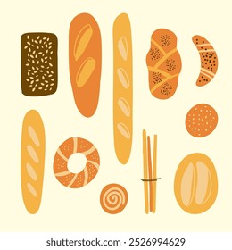 Minimalist flat illustration of various types of bread, including baguette, ciabatta, pretzel, and croissant, arranged on a light background, representing bakery diversity and artisan craftsmanship