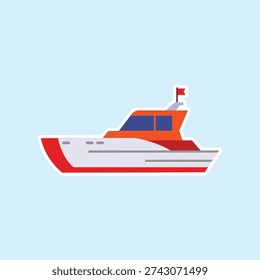 A minimalist flat illustration of a white and red speedboat with a flag on a light blue background. Ideal for nautical icons, vacation stickers, marine ads, and luxury travel designs.
