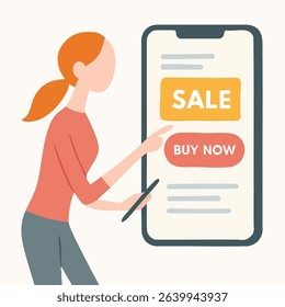 Minimalist Flat Illustration Woman Interacting Smartphone E-commerce Concept