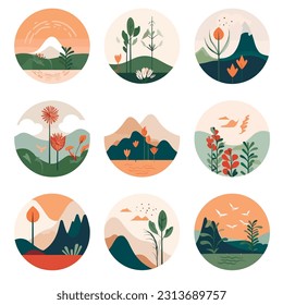 Minimalist Flat Illustrations of Natural Elements. Nature leaves, tree, flower, houses, abstract shapes