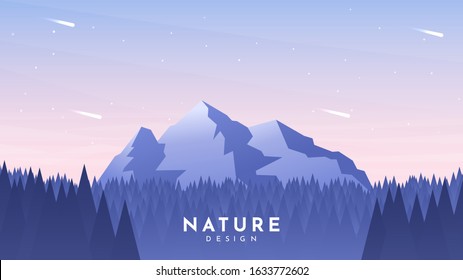 Minimalist flat landscape. Forest near mountain. Sunset or sunrise. Website or game template. Polygonal background. Triangle style design. Violet color. Abstract panoramic wallpaper. Clear sky.