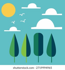 Ilustración minimalista de paisaje plano con árboles estilizados, cielo azul, nubes blancas, pájaros voladores y un sol brillante. Formas geométricas limpias y colores pastel suaves. Perfecto para fondos, cabeceras de Sitio web, App móviles, ilustraciones para niños, diseños ambientales, carteles, Fondos de pantalla, presentaciones y proyectos gráficos contemporáneos.