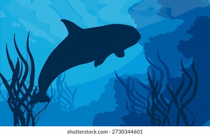 Un paisaje plano minimalista con una silueta de ballena asesina cerca de rocas submarinas con algas. Una Imagen realista de Vector de un mamífero marino en su hábitat.