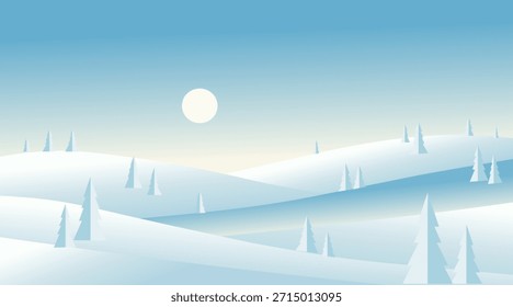 Escena de invierno minimalista del paisaje plano con el árbol de pino y la ilustración de la luna