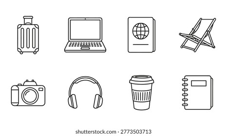 Minimalist flat lay composition featuring travel, technology, and lifestyle essentials including a suitcase, laptop, coffee cup, camera, and headphones. Ideal for business, travel, remote work, and digital nomad marketing campaigns, blog illustrations, and educational content.