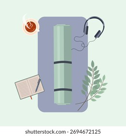 Minimalista plana Lay Relaxamento Objetos com esteira de Yoga e xícara de café