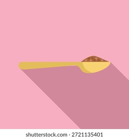Colocação plana minimalista de uma colher de medida amarela segurando açúcar marrom em um fundo rosa com sombra longa