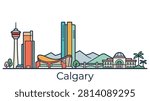 A minimalist flat line art vector illustration of the Calgary skyline featuring key landmarks like the Calgary Tower and Saddledome.