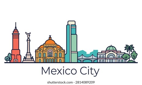 A minimalist flat line art vector illustration of the Mexico City skyline featuring famous landmarks on a clean white background.