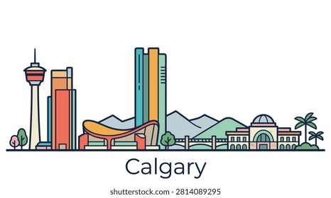 A minimalist flat line art vector illustration of the Calgary skyline featuring key landmarks like the Calgary Tower and Saddledome.