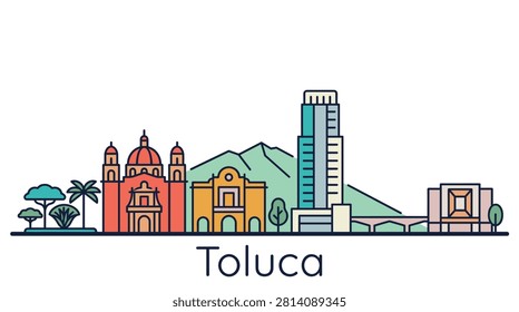 A minimalist flat line art vector illustration of the Toluca, Mexico city skyline featuring historical landmarks, a modern skyscraper, and mountains.