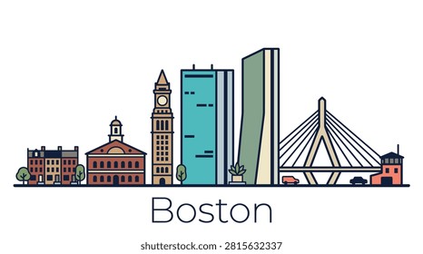 A minimalist flat line art vector illustration of the Boston skyline featuring historic and modern city landmarks on a white background.