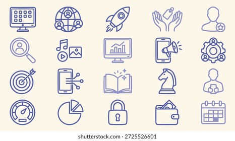 Un conjunto minimalista de iconos de línea plana muestra la tecnología y los símbolos de negocios en contornos púrpuras sobre un fondo de cuadrícula crema, limpio y versátil.