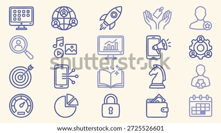 A minimalist flat line icon set displays technology and business symbols in purple outlines on a cream grid background, clean and versatile.