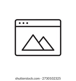 A minimalist flat line icon of a web browser window featuring a mountain image placeholder, perfect for UI and UX wireframes, website development mockups, and digital gallery app interfaces