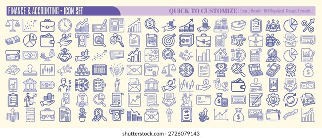 A minimalist flat line vector displays finance and accounting icons in purple outlines, useful for ui, branding, and editorial, clean.