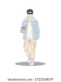 Minimalistische flache Linie, Vektorgrafik eines lässigen jungen Mannes, der beim Halten einer Kaffeetasse geht. Moderner Outline-Stil mit sanften neutralen Farben, mit Kapuze, Jeansjacke, Sonnenbrille und Turnschuhen. Geeignet für Lifestyle-, Urban-, Kaffeekultur-, Mode- und moderne Charakterdesign-Konzepte. Einzeln auf weißem Hintergrund.