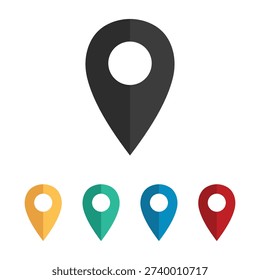 Minimalist flat location pin icon set with various colors for maps navigation and address tracking apps