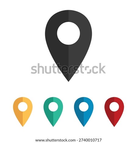 Minimalist flat location pin icon set with various colors for maps navigation and address tracking apps