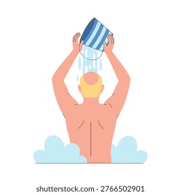 A minimalist flat of a man showering from a back view, holding a blue striped towel above his bald head. Water droplets and steam are visible, creating a serene and refreshing spa atmosphere. The man's smooth skin and the soothing water flow emphasize relaxation and self-care.