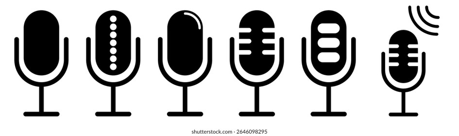 Ícone de microfone plano minimalista definido em estilo de contorno, formato EPS 10 vetorial. Inclui vários designs de microfone para podcasting, gravação de áudio, radiodifusão e ilustrações da interface do usuário.