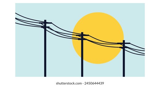 minimalist flat modern landscape design, Set of urban city backgrounds for banners, flyers, greeting cards, posters and advertisements. Vector cartoon flat illustration. utility pole silhouette sun