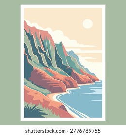 Minimalist flat nature landscape vector illustration of majestic coastal cliffs meeting the blue ocean under a bright sun.