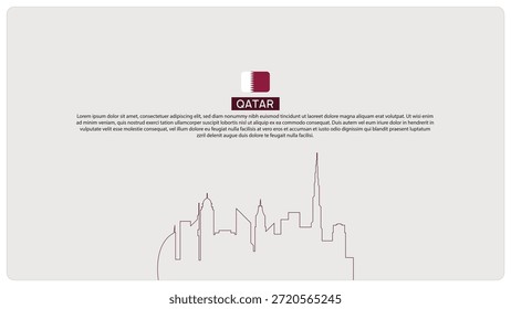 Fondo minimalista plano del horizonte de Qatar con color blanco granate, paisaje urbano de arte de línea, ícono de bandera nacional y tipografía limpia para el Anuncio Corporativa
