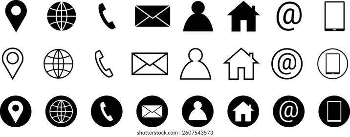 Minimalist Flat Stroke Circular Web Icon Set- Location, Phone, Email, Website, Home, User, and Social Media Symbols