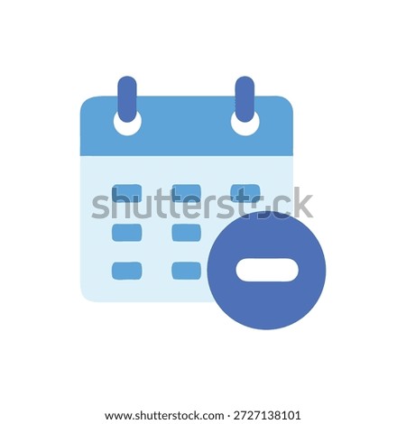 A minimalist flat style calendar icon with a minus sign overlay, indicating deletion or removal. The color palette is based on different shades of blue.