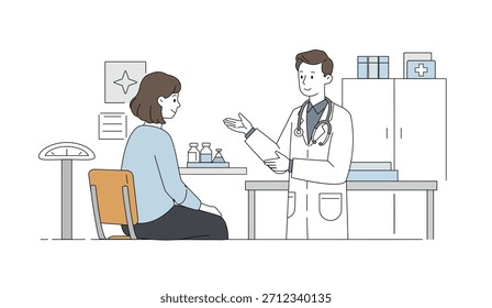 Minimalist flat style digital artwork showing a male physician in a white coat explaining results to a female patient sitting on a chair. Scene of professional healthcare appointment, consultation, and checkup in a calm, modern clinic setting