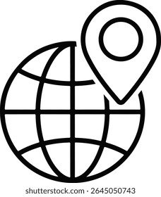 Estilo plano minimalista globo oco com contornos Meridianos e pino de localização oco próximo no fundo branco