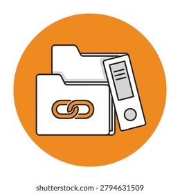 A minimalist flat style icon featuring a digital folder with a chain link symbol next to a vertical document binder. Perfect for file management and web concepts.
