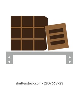A minimalist flat style icon featuring a dark chocolate bar and a small cocoa powder box placed on a grey wall shelf. Perfect for food blogs, culinary concepts.