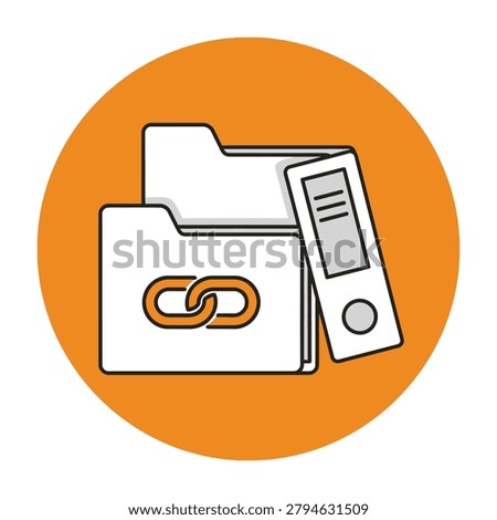 A minimalist flat style icon featuring a digital folder with a chain link symbol next to a vertical document binder. Perfect for file management and web concepts.