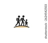 Minimalist flat style icon of a refugee family walking together with backpacks, symbolizing displacement, migration, and global humanitarian issues.