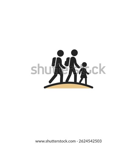 Minimalist flat style icon of a refugee family walking together with backpacks, symbolizing displacement, migration, and global humanitarian issues.