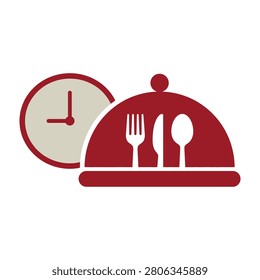 A minimalist flat style icon representing food delivery time featuring a restaurant cloche tray with fork knife spoon next to a wall clock for dining fast service.