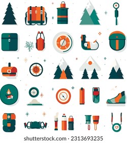 Minimalist Flat Style Icons Representing Travel, Adventure, journey. Icons set. Camping trip, tourism or hiking outline.