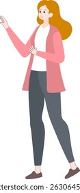 Ilustração minimalista de estilo plano de uma mulher de negócios com cabelo longo, vestindo um blazer rosa, camisa branca e calças escuras.