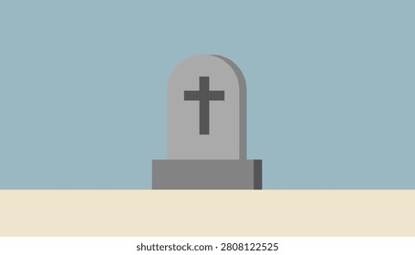 Minimalist flat style illustration of a classic gray stone grave marker with a dark cross against a clear light blue sky.