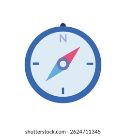 A minimalist flat style illustration of a compass on White Background. Uses blue, red, and white colors.