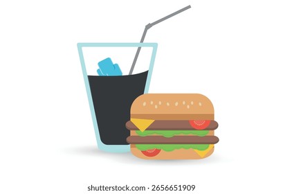 Ilustración minimalista de estilo plano de una hamburguesa doble con queso con lechuga, tomate y bebida de cola en un vaso con hielo y una pajita. Perfecto para la marca de comida rápida, menús de restaurantes y entrega de comida.